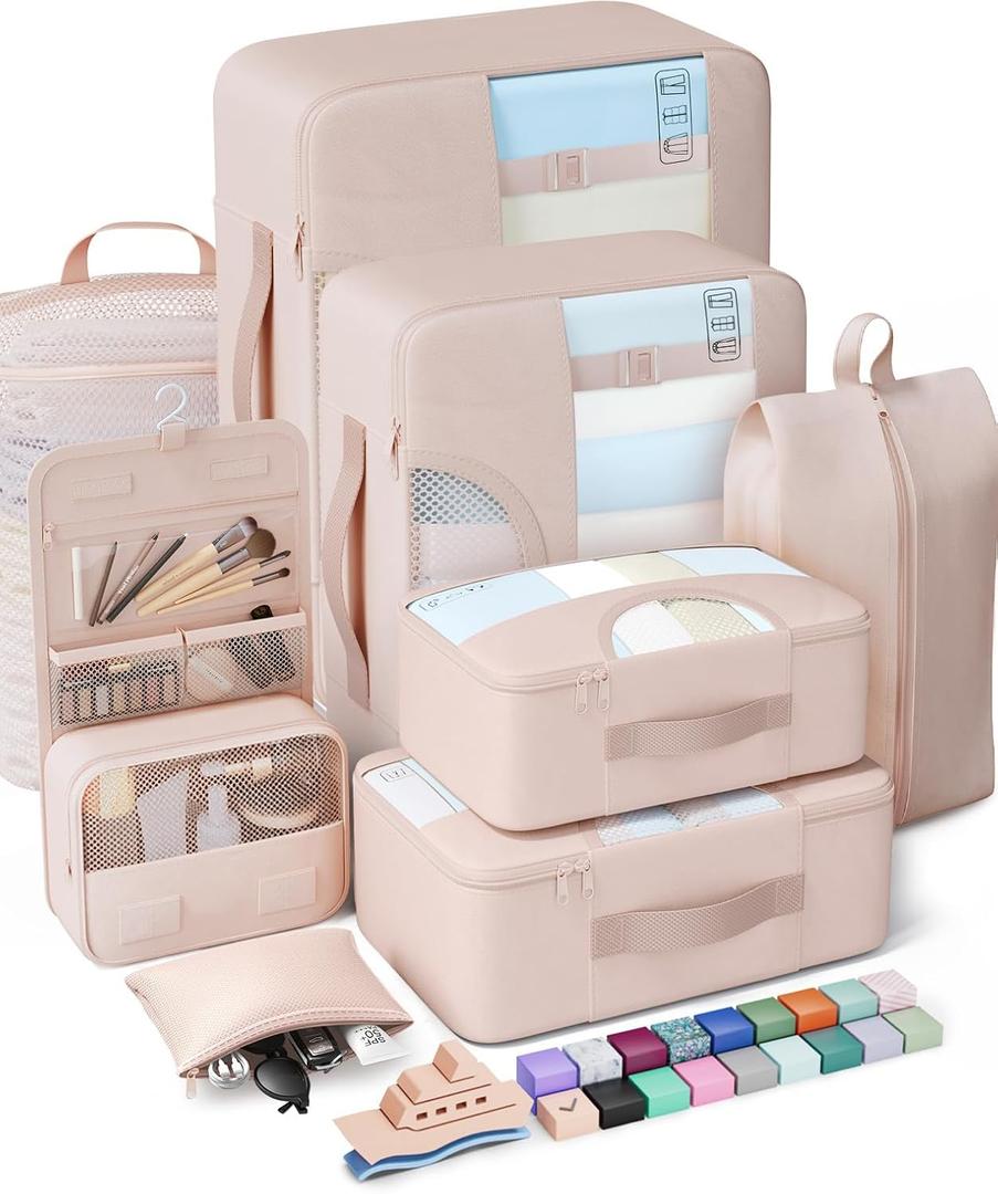 Veken 8 Set Packing Cubes, Cruise Ship Travel Essentials Accessories for Beach Vacation, Personalized Gifts for Women Mom Her, Suitcase Organizer Bags for Luggage with Hanging Toiletry Bag (02 Cream)