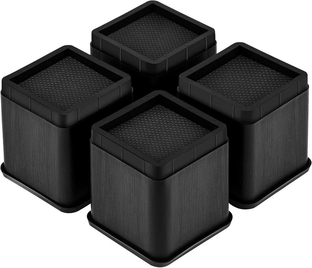 MCXYEM Bed Risers Adjustable Furniture Risers - Heavy Duty 4 or 8 inch or 12inch Non-Slip Lift Supports for Beds/Couches/Sofas, Durable Square Design with Creates Storage Space (Black 4 Pack, 4 Inch)