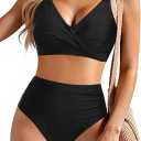 Holipick Women Black with Flower High Waisted Bikini Set Two Piece Swimsuits Push up Wrap Swim Suits Top Tummy Control Bathing Suit Size L