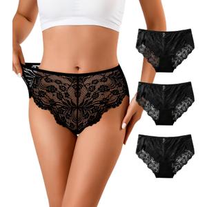 J-pone Sexy Womens Lace Underwear High Wasited Panties Breathable Floral Ladies Briefs, 3 Pack (Medium)