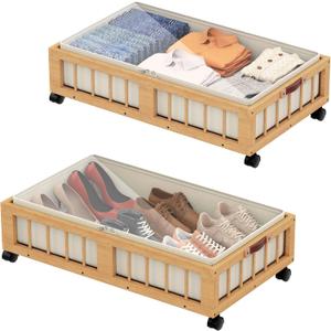 efluky 2-Pack Bamboo Under Bed Storage Containers with Wheels, Under Bed Clothes Storage Basket with Large Dust Bag, Rolling UnderBed Storage for Bedroom, Dorm and Basement, Nature (23.6''L x 16.54''W x 7.5''H)