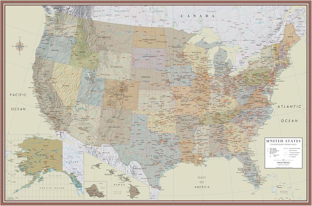 24x36 United States, USA Contemporary Premier Wall Map Poster (24x36 LAMINATED)