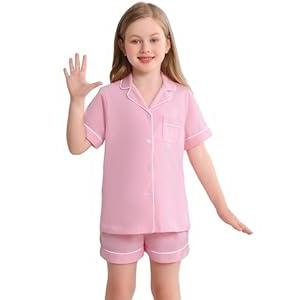Veseacky Girls Pajamas Sets 100% Cotton PJ ButtonDown Short Sleeve 2 Piece Pajamas Set Boys Girls Pjs  (Pink, 130)