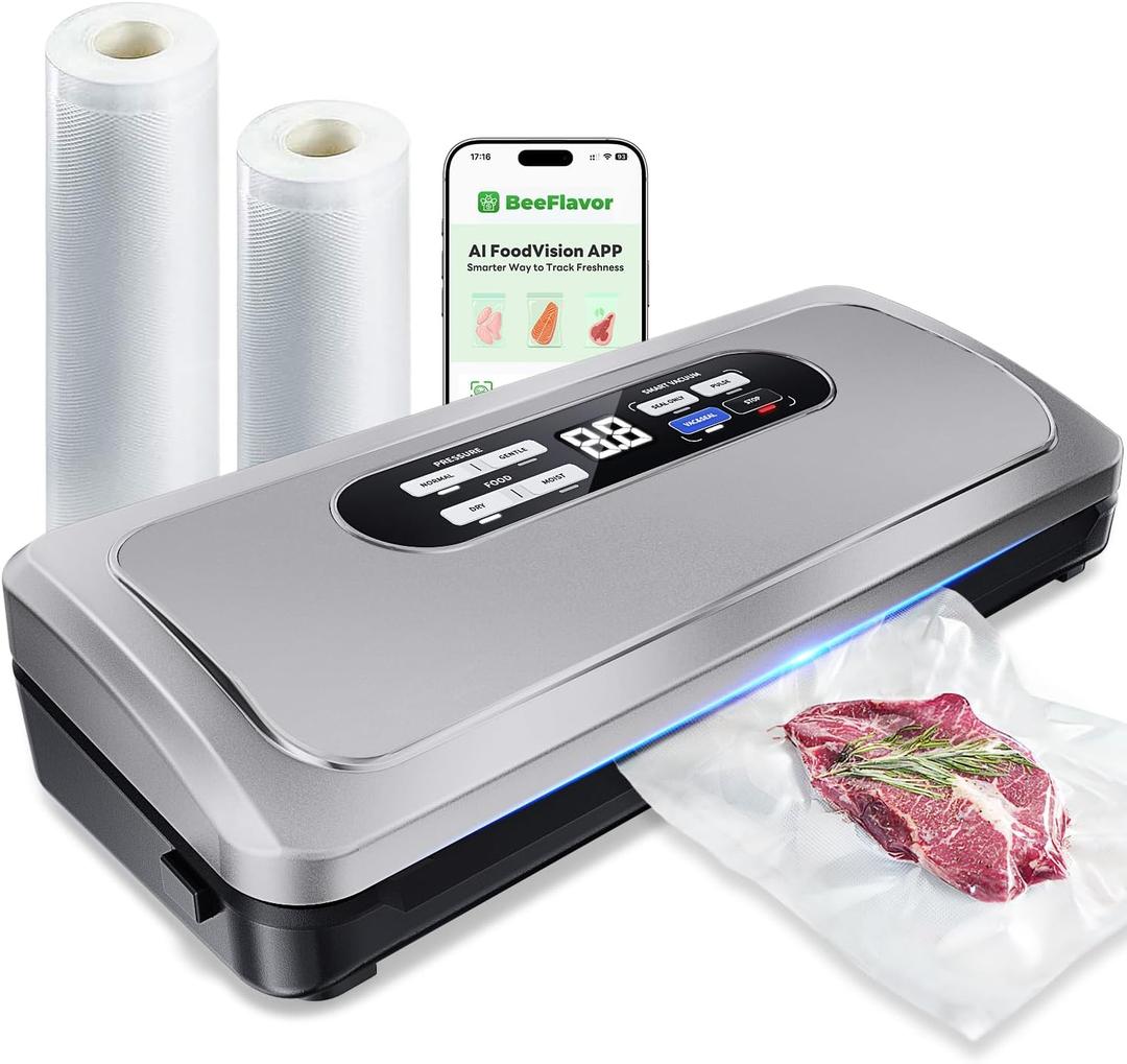 Vacuum Sealer Machine with AirLock ProSeal System, 10-in-1 Vacuum Sealer for Food, Dry & Moist Modes, Compact Design with Digital Timer, Built-in Cutter & Roll Storage, Silver-Grey