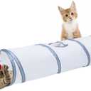 Sheldamy Cat Tunnel, 2-Way Cat Tunnels for Indoor Cats, Collapsible Cat Play Tunnel, Interactive Toy Maze Cat House with 1 Play Ball for Cats, Puppy, Kitty, Kitten, Rabbit (White & Grey)