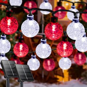 Red and White Solar Christmas String Lights, 2-Pack Total 100 LED 64FT Crystal Globe Solar Lights Outdoor Waterproof, Christmas Decorations with 8 Lighting Modes for Xmas Tree Wedding Patio Party