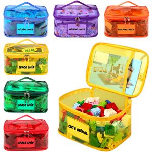 6 Pack Clear Toy Storage Bag with Name Tag& Manual Pocket, Waterproof Transparent PVC Toy Organizer Case for Lego Bricks, Board Games, Building Blocks, Puzzles (Large Capacity, Full Colourful)