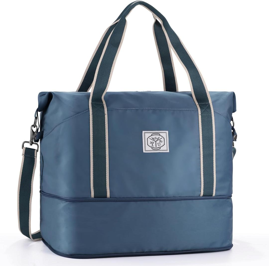 WALNEW Travel Duffel Bag, Weekender Overnight Carry On Bag for Women Men, Foldable Waterproof Gym Luggage with Metal Buckle Detachable Shoulder Strap and Wet Compartment (Peacock Blue)