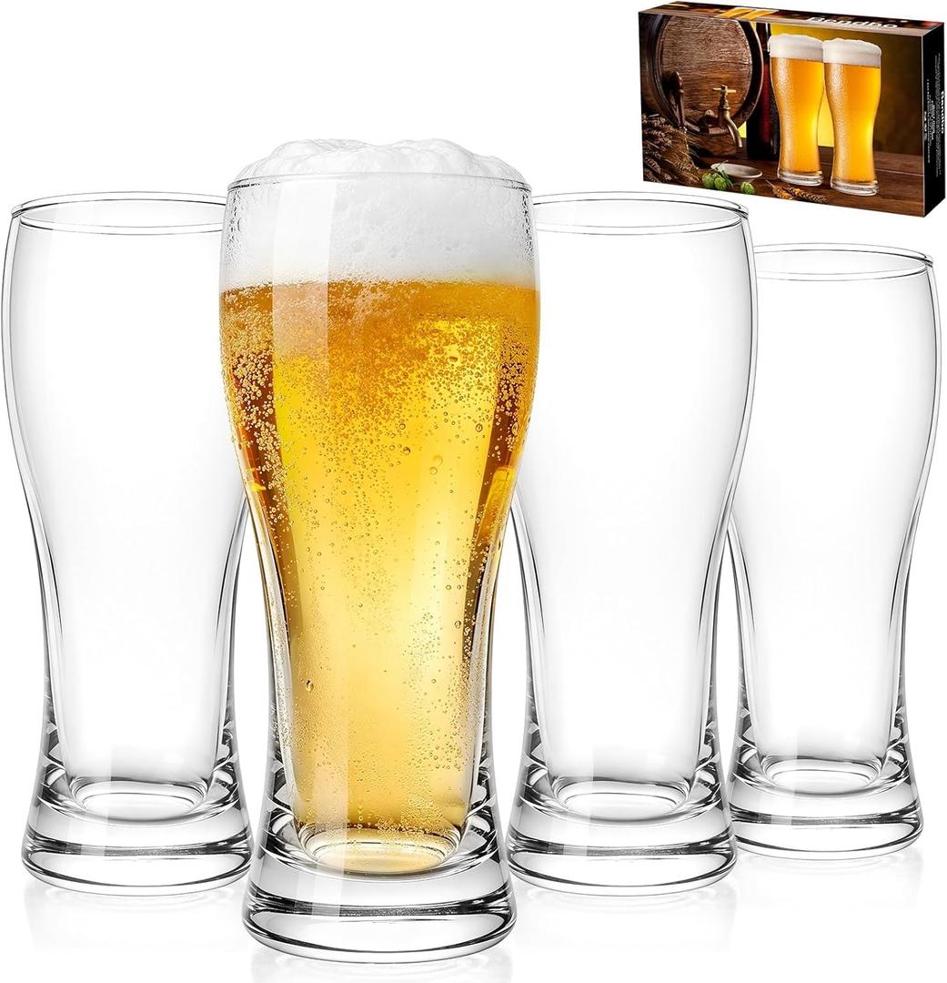 Beer Glasses Set of 4, 16 oz Pilsner Beer Pint Glasses, Classics Craft Wheat Beer Glasses Drinking Set, Beer Mug Glassware Gift for Men