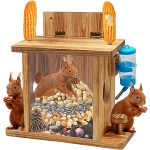 Large Squirrel Feeder with Attached Waterer - Extra Large Wooden Squirrel Feeding Station, Outdoor Platform with Corn Cob Holder & Water Bottle for Corn, Peanuts, Wildlife Garden Decor
