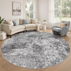 8ft Round Area Rug Living Room Rugs - 8x8 Washable Large Soft Indoor Neutral Modern Abstract Low Pile Rug Carpet for Bedroom Dining Room Farmhouse Home Office - Grey