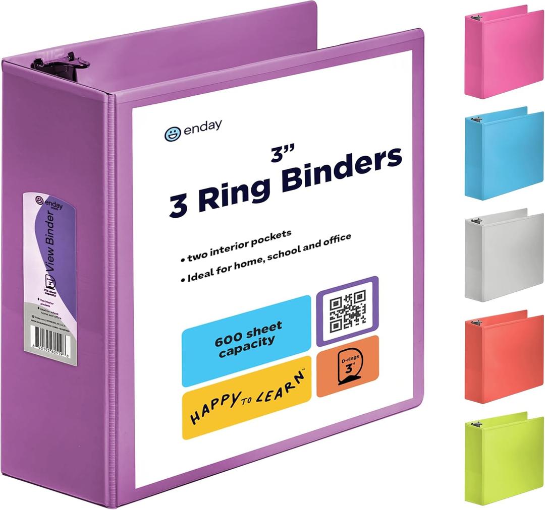 3 Inch Binder 3 Ring Binders Purple, Slant D-Ring 3 Clear View Cover with 2 Inside Pockets, Heavy Duty Colored School Supplies Office and Home Binders  by Enday