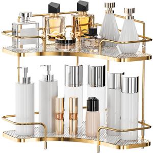 2 Tier Corner Bathroom Counter Organizer, Cosmetic Skincare Organizer, Bathroom Countertop Perfume Tray Vanity Organizer, Kitchen Spice Corner Storage Shelf (Gold)