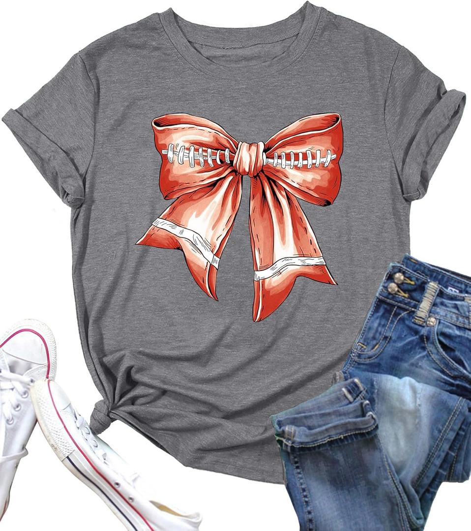 Football Shirt Women Game Day T-Shirt Football Graphic Print Casual Short Sleeve Outfit Tops (Small, Gray)