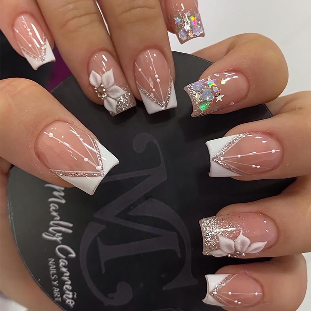 24Pcs Short Press on Nails French Tip Fake Nails White Flower Press ons Glitter Sequins Square False Nails Luxury Star Nail Charms Design French Glue on Nails Spring Artificial Stick on Nail for Women
