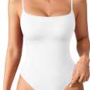 MANGOPOP Women's Cami Thong Bodysuit Double Lined Square Neck Backless Body Suit Adjustable Spaghetti Strap Tank Tops (White, XL)