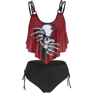 DRESSFO Women's Bikini Set High Waisted Bikini Two Piece Bathing Suit Tummy Control Tankini Gothic Skull Swimsuit (Large, Black_2)