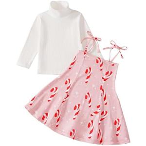 Noubeau Toddler Girls Christmas Outfits Turtleneck Sweater Ribbed Jumper Top Santa Candy Print Suspender Skirt Winter Clothes 2-3 Y