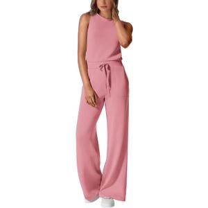 PRETTYGARDEN Jumpsuits for Women Casual 2026 Summer Sleeveless Wide Leg Pants Rompers One Piece Beach Vacation Spring Outfits (Large, Dusty Pink)