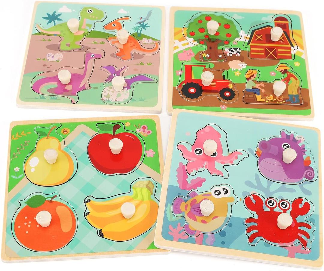 Wooden Peg Puzzles for Toddlers 1-3, Kids' Educational Preschool Peg Puzzle Toy, Set of 4 Toddler Puzzles - Farm, Dinosaur, Fruit and Marine Animals, Ideal Gift for Ages 1 2 3 Boys and Girls