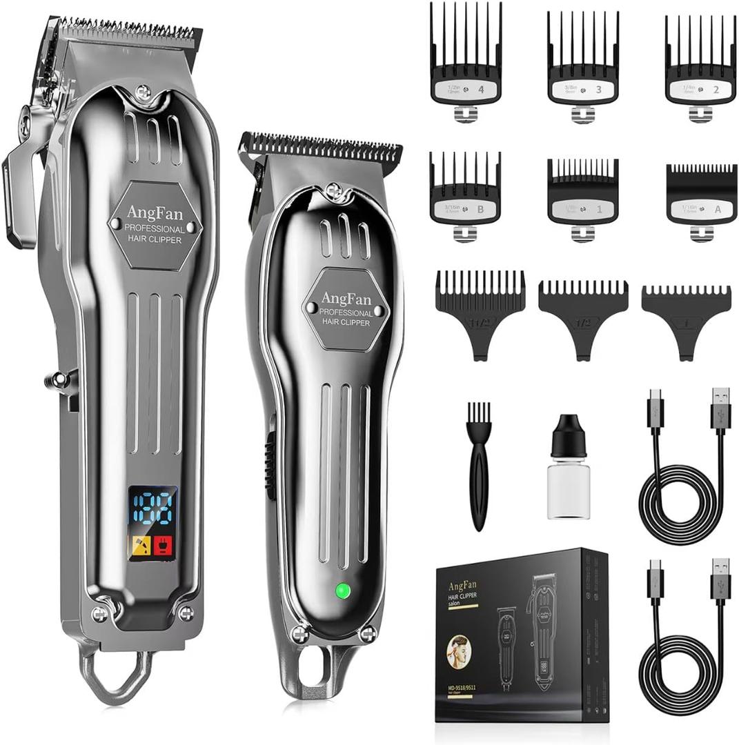 AngFan Professional Hair Clippers for Men - Cordless Clippers & Trimmers Set with LCD Display, 7200RPM High-Speed Motor, 5H Runtime, Wall-Mountable Barber Tools for Home Use & Professional Barbers