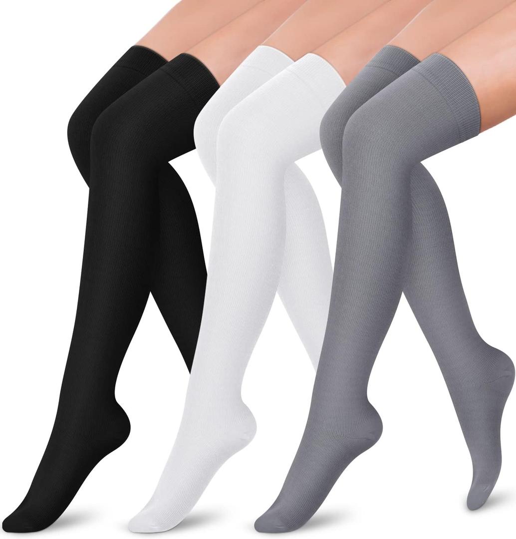 SunFeeling Compression Socks for Women & Men Circulation (2 Pairs) - Best Support for Athletic Running Nurses Recovery Travel (Large-X-Large, A2-thigh High /White/Grey)