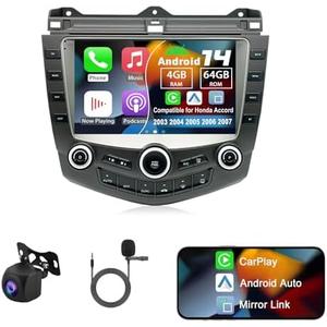 Slakerbe Android 14 Double Din Car Radio Compatible with Honda Accord 2003 2004 2005 2006 2007, 4G+64G 9" Touch Screen Car Stereo with Wireless Carplay Android Auto GPS WiFi Mic Backup Camera