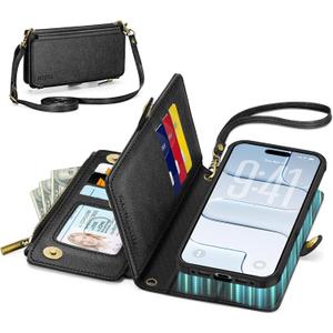 TUCCH Removable Crossbody Case Wallet for iPhone Air 2025, 9 Card Slot RFID Blocking, Stand, Lanyard, Wrist Strap, Wireless Charging, Zipper Pocket, PU Leather, Magnetic Flip Cover, Textured Black