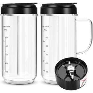 2 Pack Magic Bullet Blender Cups, Tall 22oz Cup with Flip Top To-Go Lid & 4 Fins Cross Blade Blender Replacement Parts, Replacement Cup Mug with Handle Compatible with Magic Bullet 250w MB1001