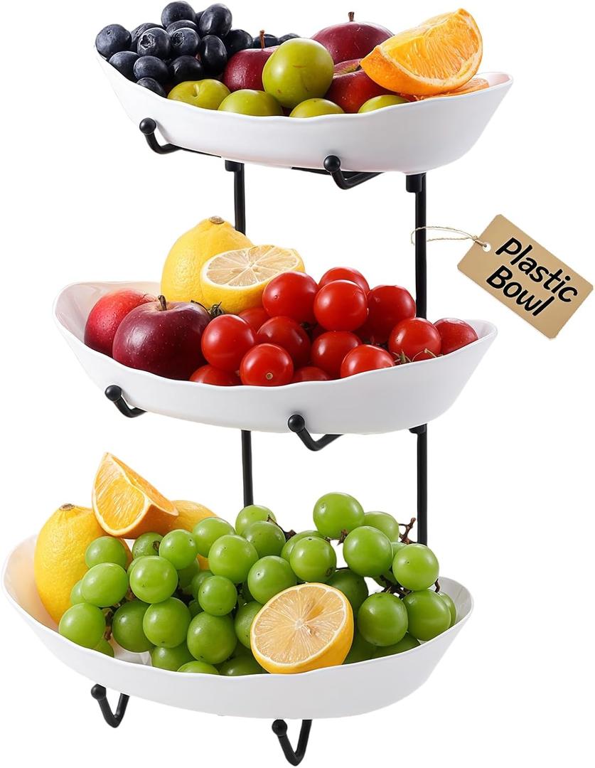 HOMKULA Fruit Bowl for Kitchen Counter - 3 Tier Fruit Basket with Black Stand, Tiered Fruit Stand for Countertop, Snack, Nuts, Cake, Dessert, Small & Cute (Kid-Friendly Plastic, Black)