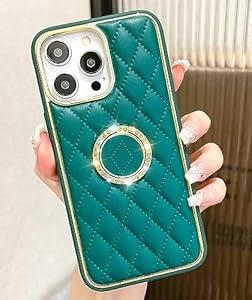 for iPhone 14 Pro Case, Luxury Elegant Leather Phone Case with Glitter Diamond Kickstand Ring Stand for Women Girls,Shockproof Camera Lens Protective Cover for iPhone 14 Pro 6.1"