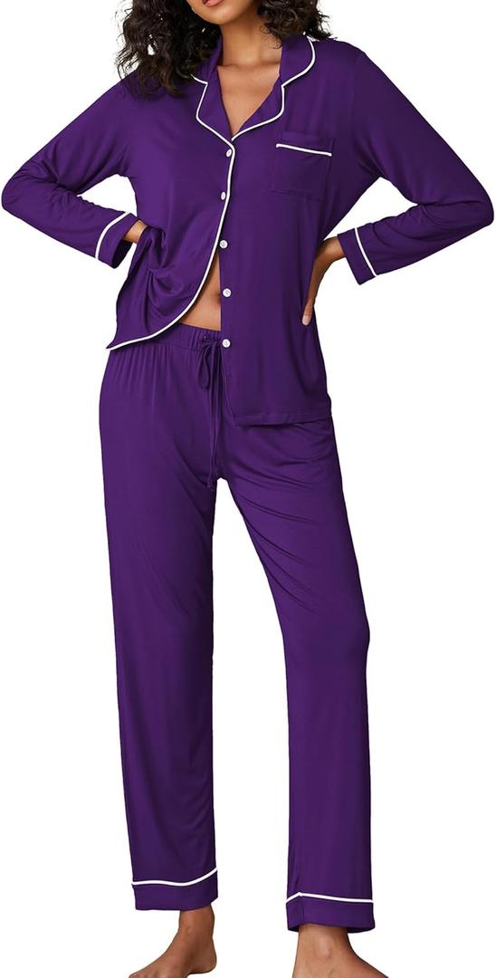 Ekouaer Pajamas Women's Long Sleeve Sleepwear Soft Button Down Loungewear Pjs Lounge Set Nightwear (Medium, Purple)