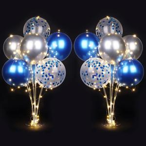 2 Set Table Balloon Stand Kit with Lights, Balloon Centerpieces for Tables Include 16 Latex Confetti Balloons, Christmas Centerpieces Tables Decorations for Birthday, Weddings, Anniversary (Blue+ Silver)