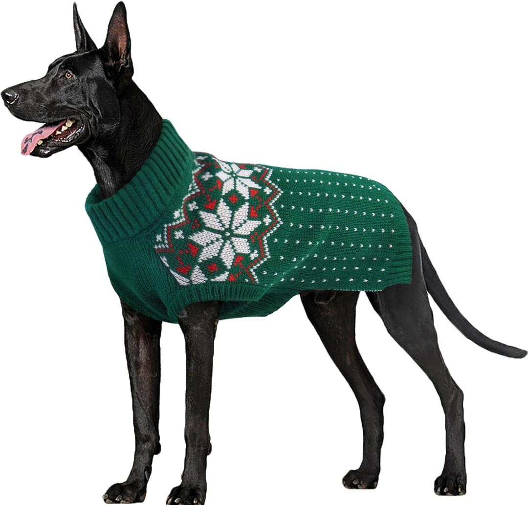 FUAMEY Dog Christamas Sweater, Warm Dog Sweater Classic Snowflake New Year Turtleneck Sweaters Knitwear Cold Weather Dogs Pullover for Small Medium Dogs Puppies & Cats Bulldogs Corgi with Leash Hole (XX-Large(Chest:27.9in))