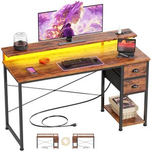 55 Inch Computer Desk with Power Outlets & LED Lights, Home Office Desk with Storage Drawers and Monitor Stand, Writing Work Study Desk for Bedroom Living Room (Rustic Brown)