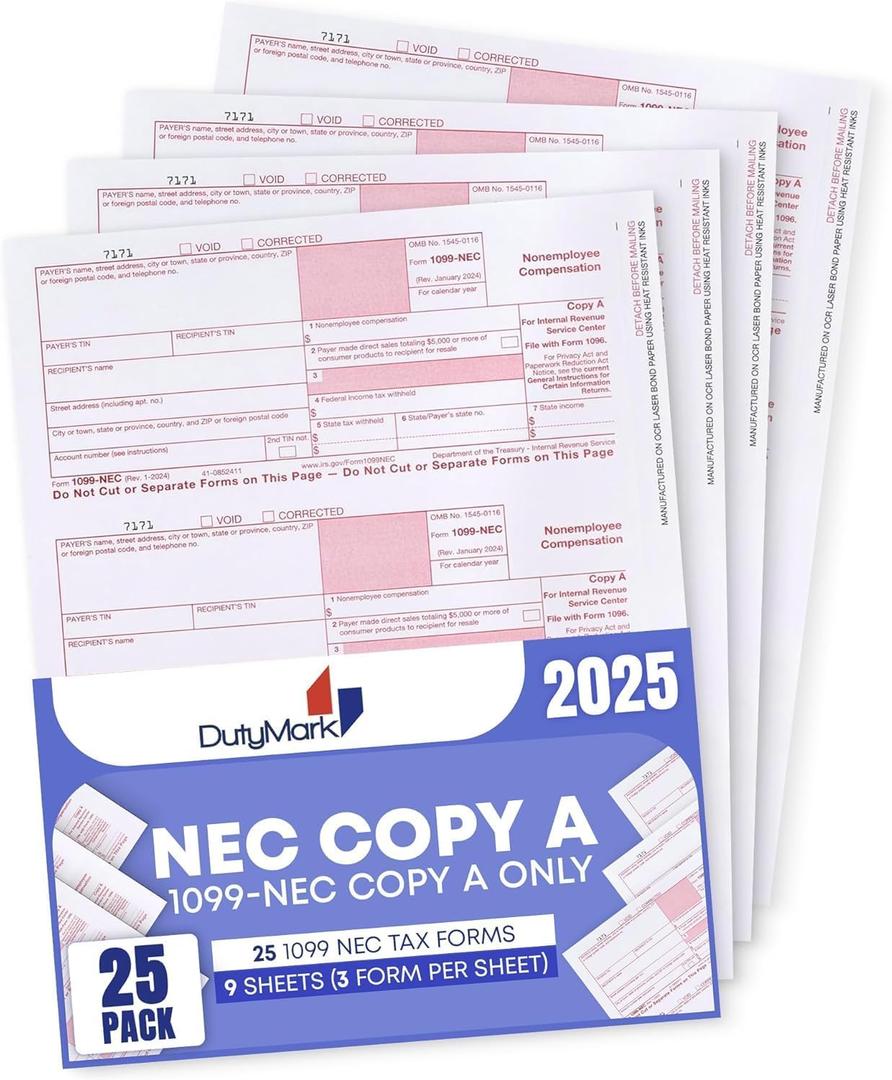 1099 NEC Copy A Forms, 25 Federal Income Laser Tax Forms, Use with 2025 1099 NEC Forms, RED Copy A ONLY, 25 forms-9 sheets 2025