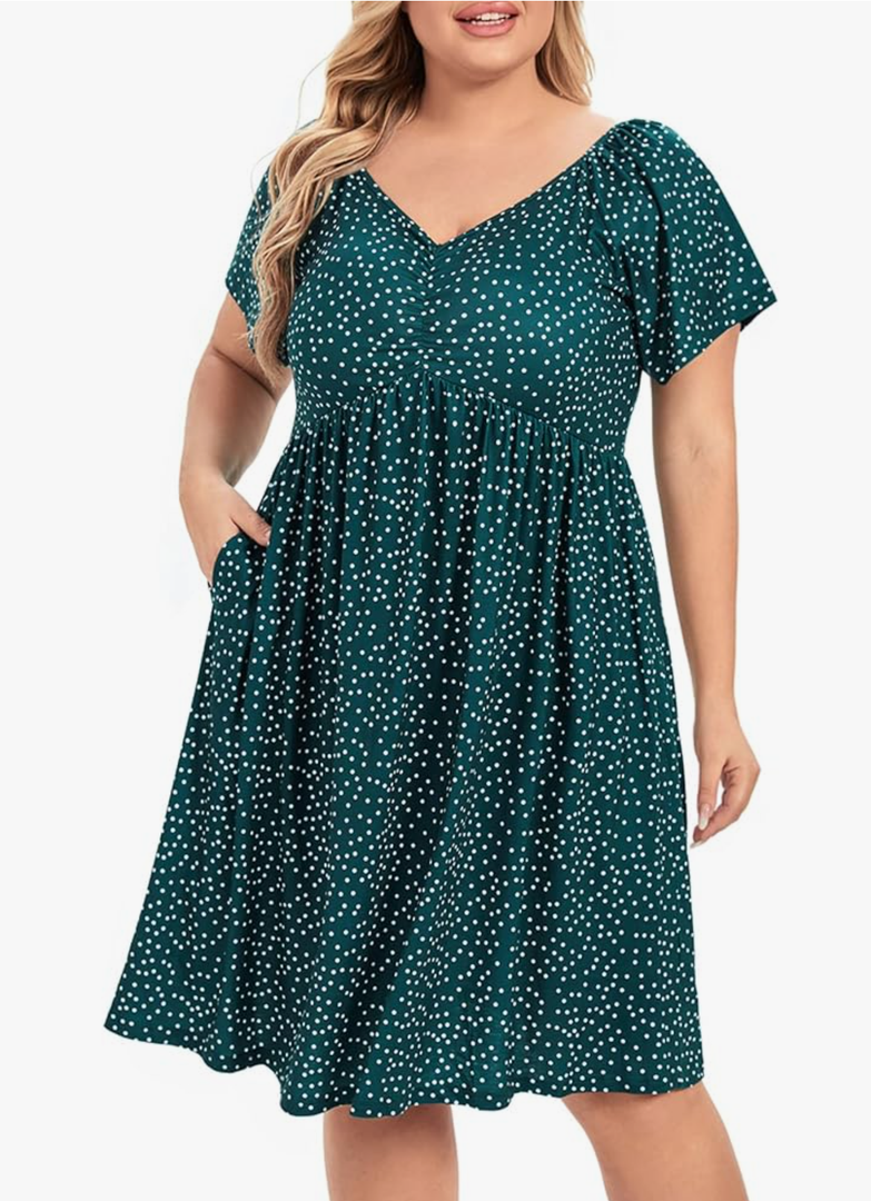 BEDOAR Women's Plus Size V Neck Midi Dresses Casual Pleated Flowy Swing Soft Short Sleeve Dresses for Party Size 16