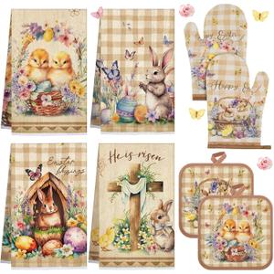 VitalCozy 8 Pcs Easter Kitchen Towels Oven Mitts and Pot Holder Sets Happy Easter Floral Kitchen Towels Retro Dish Towel Cute Bunny Egg Cross Heat Resistant Oven Gloves Potholder for Holiday Baking