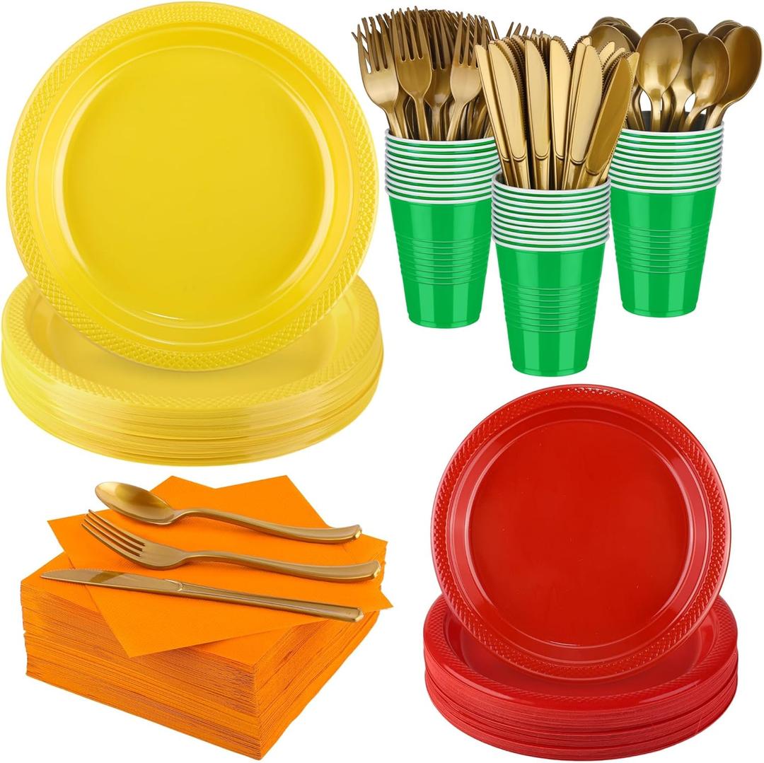 Aodaer 400 Pieces Colorful Dinnerware Set, Disposable Party Supplies Include 7/9 Inch Yellow Red Plastic Plates Green Cups Cutlery Napkins for Rainbow Birthday Party Decor, Serve 50 Guest