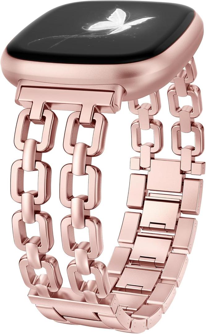 Wearlizer Metal Band Compatible with Fitbit Versa 4 Bands for Woman/Versa 3/Sense 2/Sense Bands Women, Dressy Chain Strap Designer Stainless Steel Bracelet Wristband (Pink Gold)