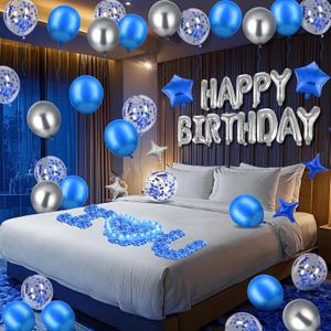 Blue Happy Birthday Balloons Decorations Royal Blue Silver Birthday Balloons Letters Banner 6 Pcs Star Balloons Blue Artificial Rose Petals 24 Flameless LED Candles for Bedroom Hotel Birthday Party