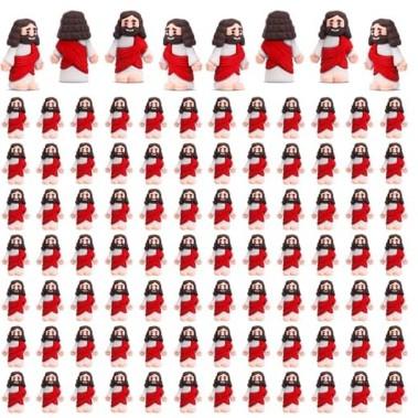 Bememo 100 Pcs Mini Jesus Figurines Bulk Little Jesus Toys Original Design Rubber to Hide and Seek Religious Party Favor Sunday Craft Baptism Gift for Easter Egg Stuffers (Red)
