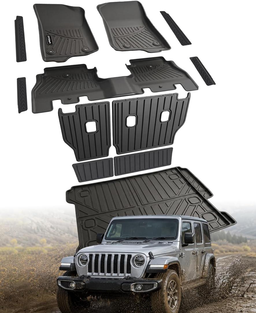 Floor Mats for Jeep Wrangler JL Gas 2018-2026 4-Door
All-Weather Protection,Anti-Slip Durable TPE Cargo Liner and Backrest Mats,Door Sill Guards,Full Coverage Set Accessories