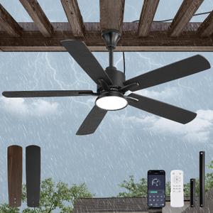 Fanbulous 52" Outdoor Ceiling Fans with Light for Patios, IP65 Waterproof Gazebo Fan, Plug in Ceiling Fan with Remote, 3CCT 6-Speed Black Ceiling Fan with Hanging Hook for Porch, Pergola,Canopy