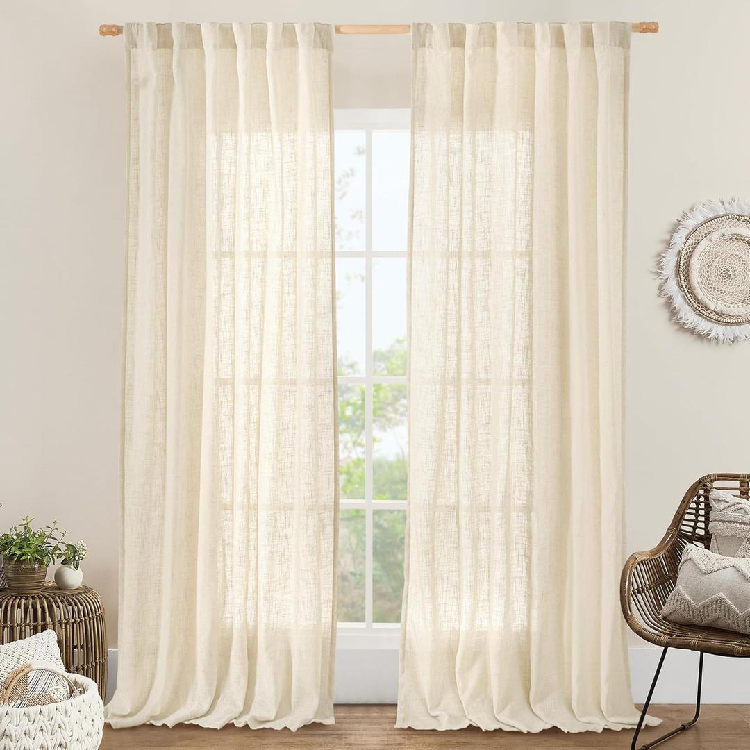 LAMIT Living Room Linen Curtains 90 Inch for Bedroom, Back Tab and Rod Pocket Linen Textured Sheer Curtains Light Filtering Boho Drapes for Farmhouse, 2 Panels, 52 x 90 Inch, Beige
