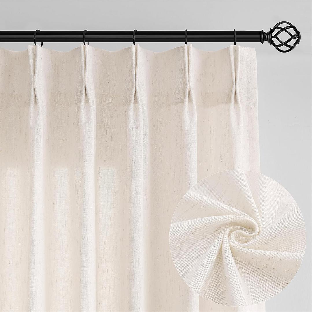 Natural Pinch Pleated Linen Farmhouse Curtains 84 Inches Long for Living Room Bedroom Semi Sheer Light Filtering Privacy Pleat Drapes with Hooks Rings Back Tab Drapes Cream Ivory (40"W x 84" L (Pack of 1)