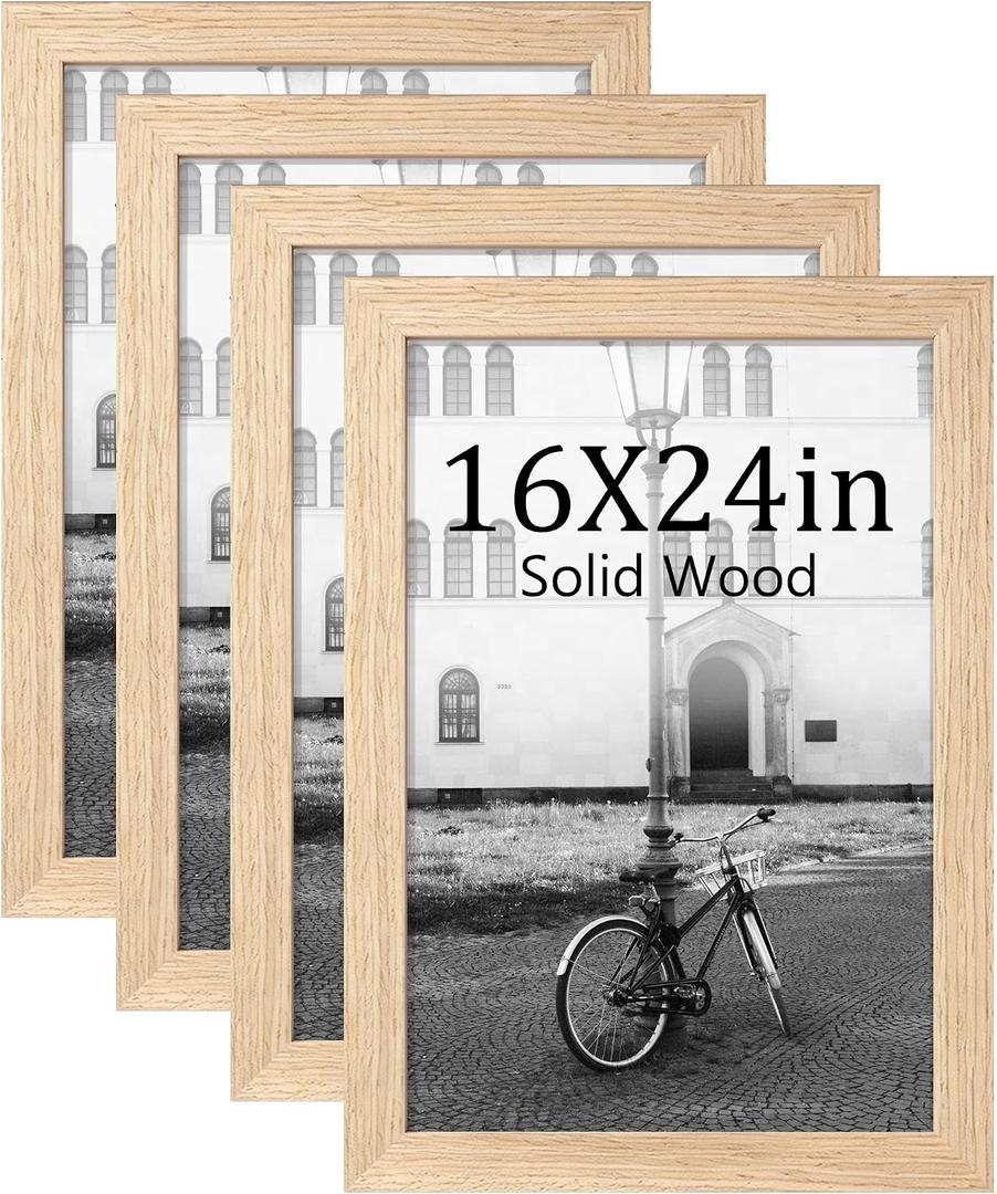 Abtgt Solid Wood 16x24 Frame, Gallery Wall Frame Set of 4, Natural | Display 12x18 with Mat or 16x24 without Mat, Wall Horizontal or Vertical Display, Woodgrain Finish