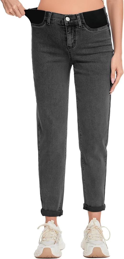FABRACK Women's Maternity Jeans Mid-Rise Stretchy Boyfriend Jeans Under Belly Pregnancy Denim Pants with Elastic Inset Panel(Washed Black, Large)