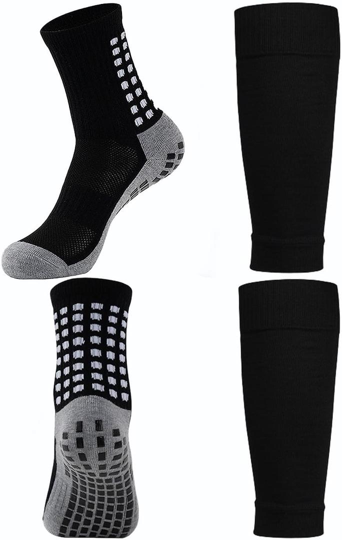 KMOLY 1 Set Kids Grip Soccer Socks and Shin Guard Sleeves for Age 7-14 Youth Boys Children Football Basketball Training