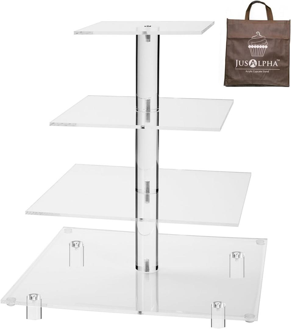 Jusalpha Large 4 Tier Cupcake Stand Square Acrylic Cupcake Tower Stand for Dessert, Pastry, Serving Platter-Candy Bar Party Dcor and Supply(with Rod Feet) (4SF-V2)